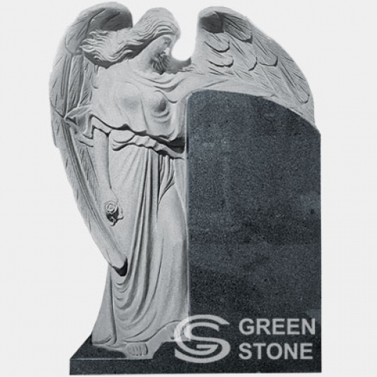 Скульптура Ангела S-2 - Памятник из натурального гранита со скульптурным резом ручной работы. Гранит G654 позволяет оформить стелу как медальоном, так и портретом. При необходимости можно изготовить под заказ нижнюю часть надгробия.