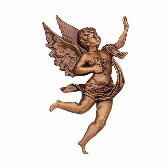 Ангел P31040/17 - Ангел с цветком изготовлен из бронзы и покрыт лаком во избежание потемнения. В зависимости от дизайна памятника и места расположения, можно выбрать разворот ангелочка в правую или в левую сторону. Второй вариант расположения – модель 31050.