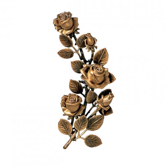 Ветвь розы P29369/27 - Объёмная бронзовая роза Cagiatti итальянского производства для декорирования надгробных композиций. Чтобы выдержать единый стиль в художественном оформлении памятника, лучше использовать накладные буквы, рамку для медальона и крест из бронзы.